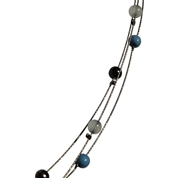 Vintage Blue Floral Pendant Black Glass Beaded Multi Strand Wire Necklace Women - Picture 3 of 6
